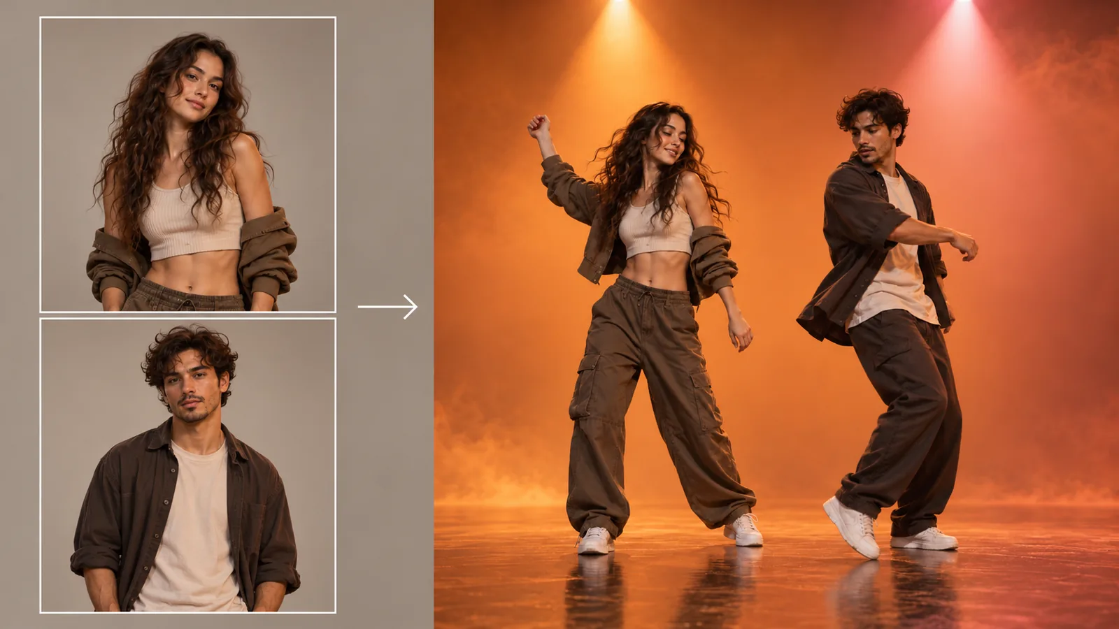 Two input photos on the left, the same two people dancing together on the right — illustration of photos to video