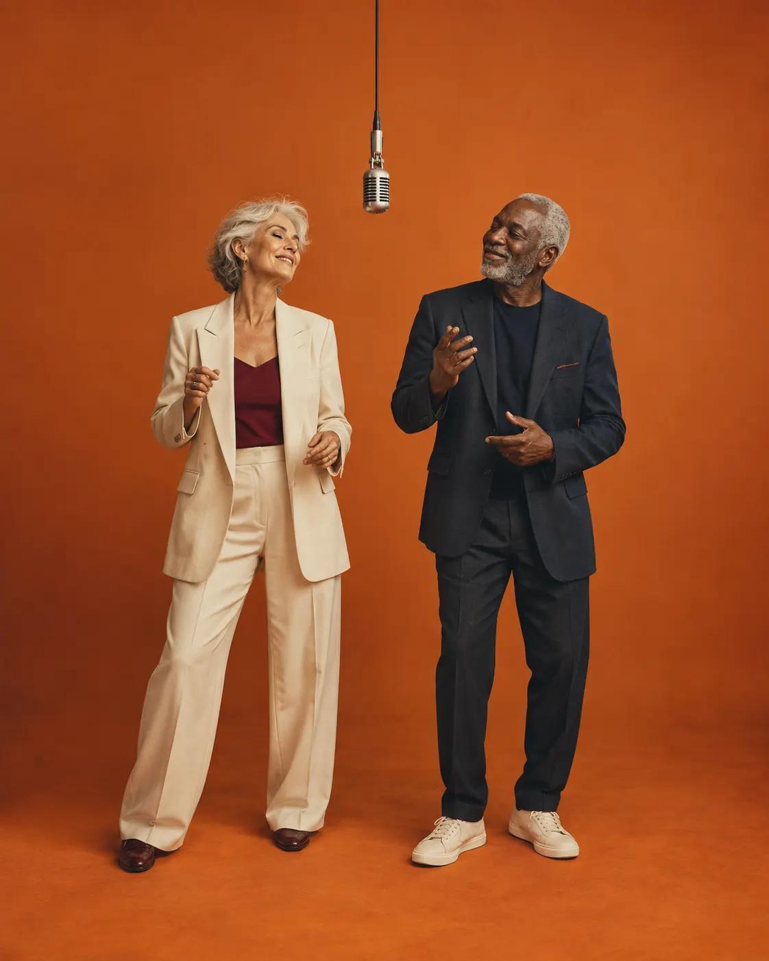 Concept art: an older couple in tailored suits in an orange studio