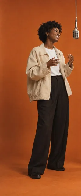 Good input: full-body photo of a woman in a cream jacket, face visible (AI-generated character)