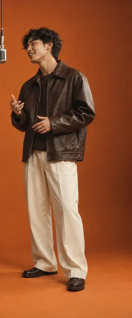 Good input: full-body photo of a man in a leather jacket, face visible (AI-generated character)